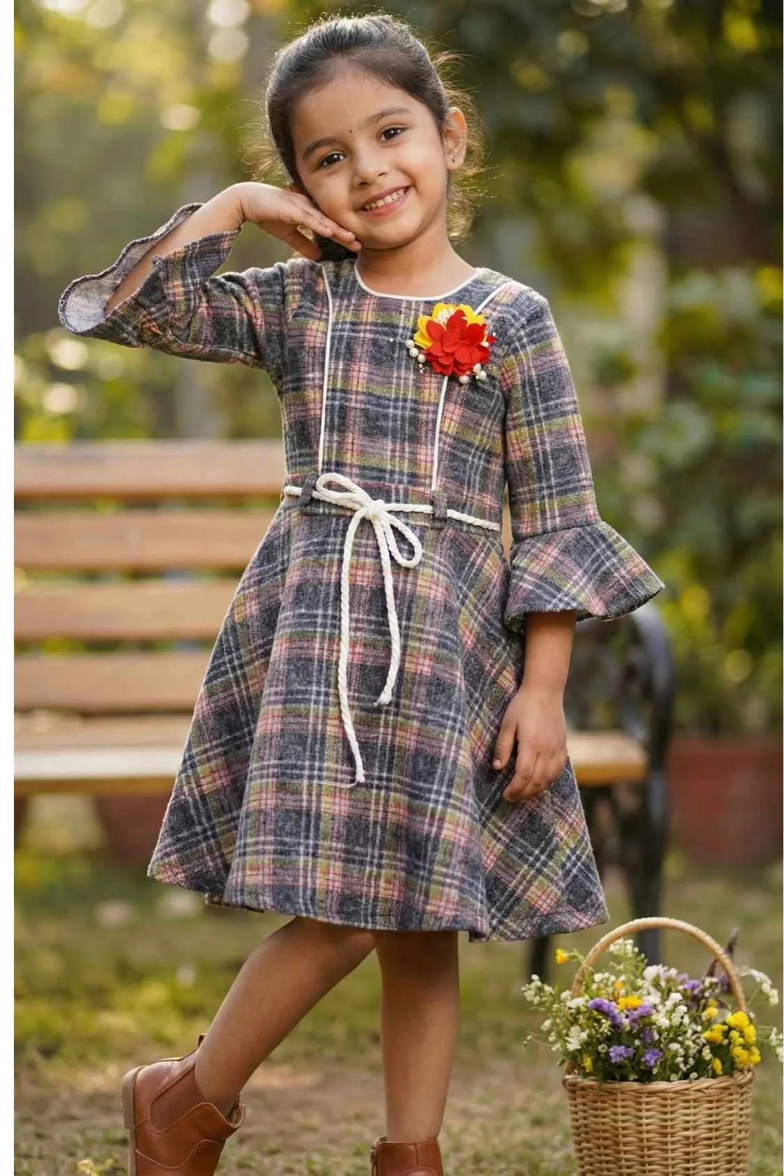 Grey Checkered Frock For Girls