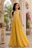 Girls Mustard Yellow Embroidered Crop Top With Flared Palazzo Set