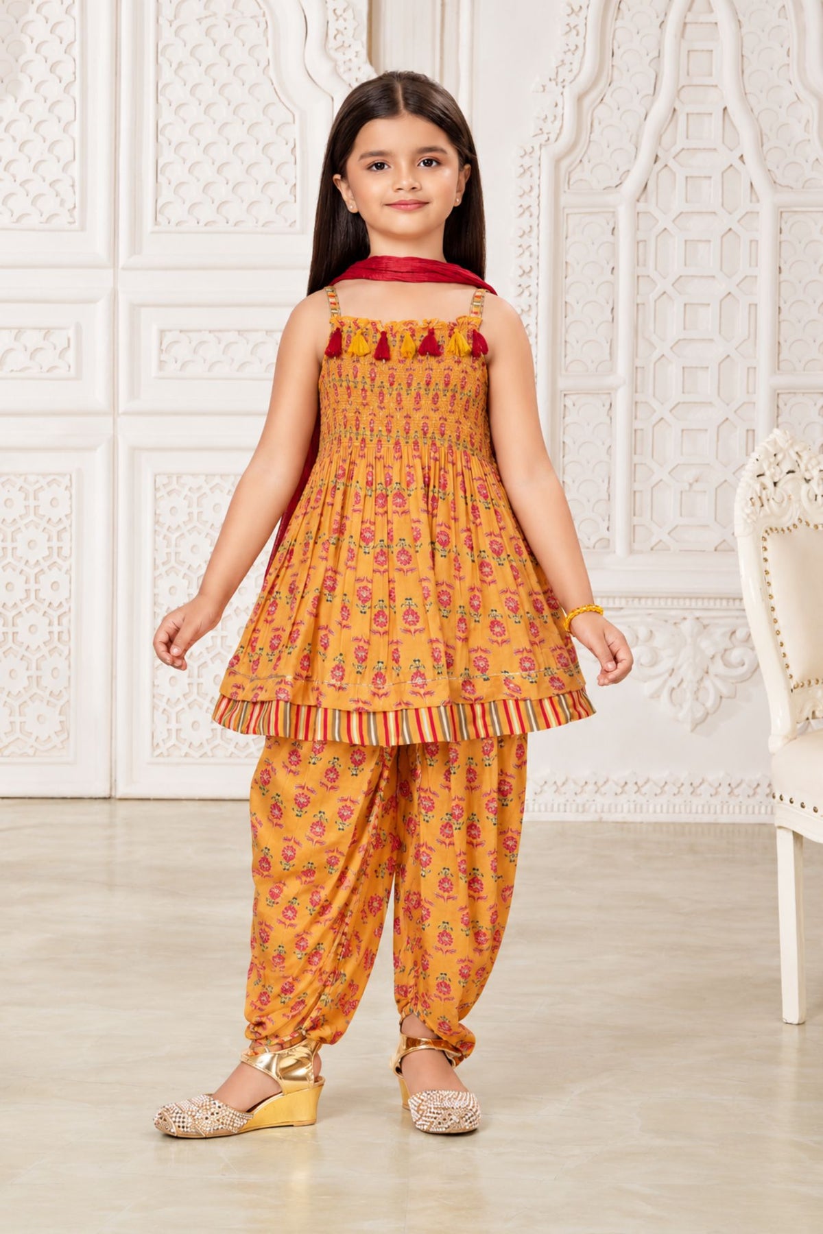 Girls Charming Mustard Yellow Floral Printed Patiala Set