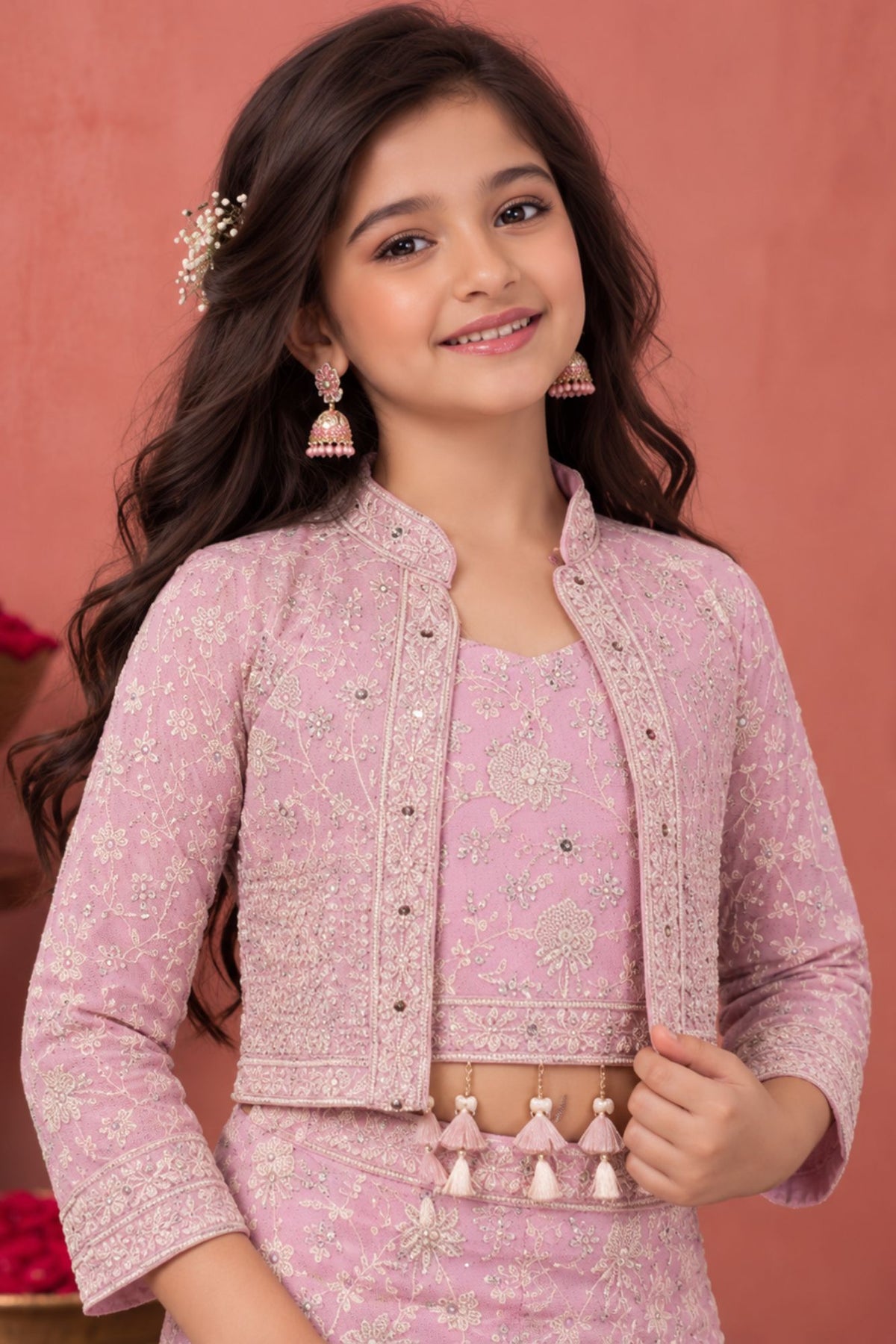 Blush Pink Thread Embroidered Palazzo Set with Crop Top and Matching Jacket for Girls