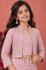 Blush Pink Thread Embroidered Palazzo Set with Crop Top and Matching Jacket for Girls
