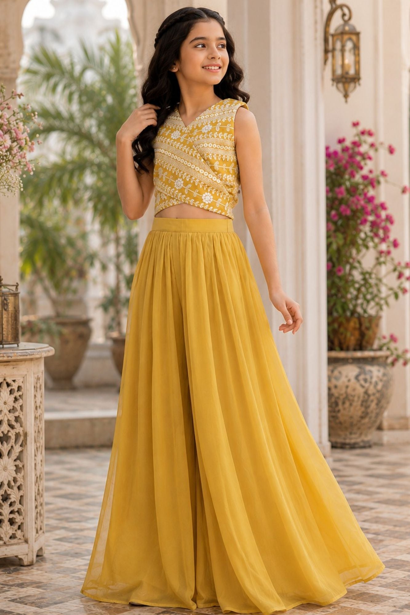 Girls Mustard Yellow Embroidered Crop Top With Flared Palazzo Set