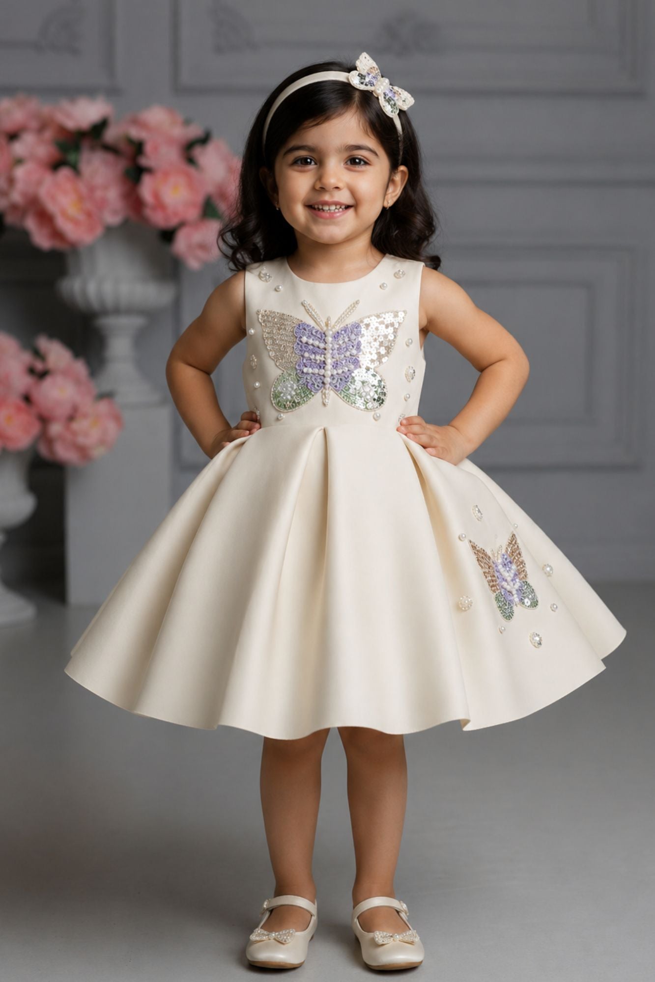 Girls Cream Butterfly Embellished Party Wear Frock