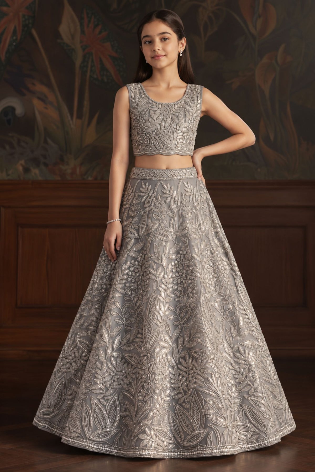 Elegant Grey Embellished Lehenga Choli Set for Girls