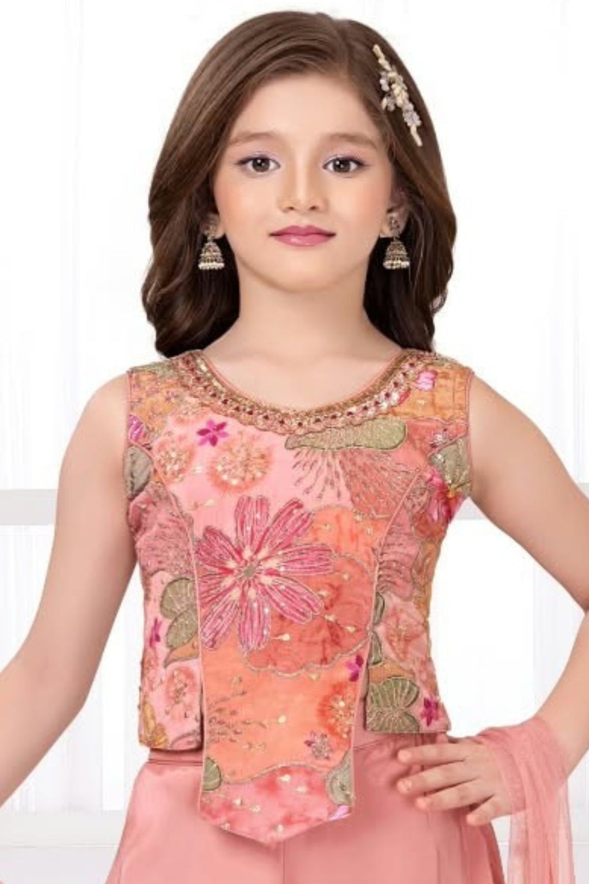 Girls Peach Floral Sequin Embellished Palazzo Set