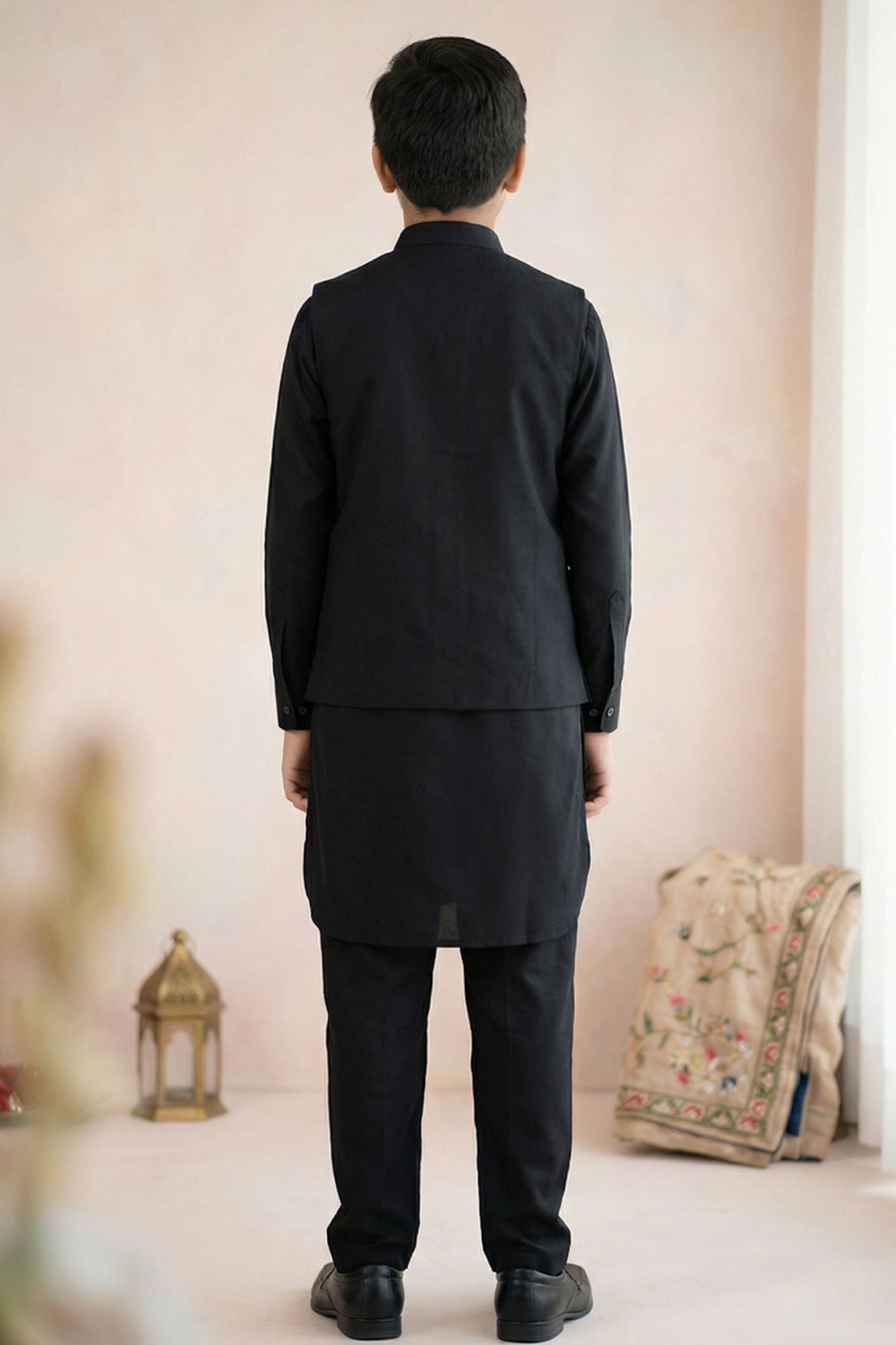 Boys Black Kurta Pajama Set with Nehru Jacket
