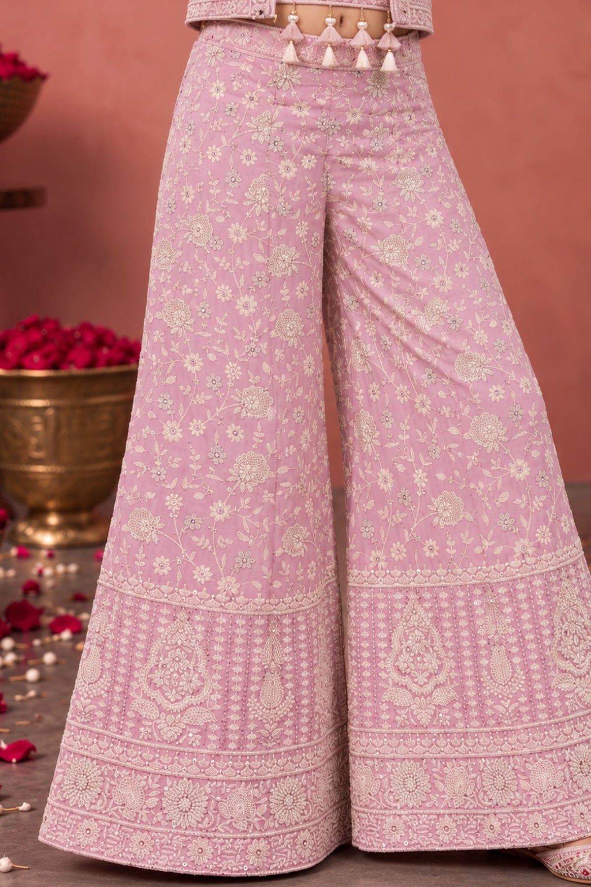 Blush Pink Thread Embroidered Palazzo Set with Crop Top and Matching Jacket for Girls