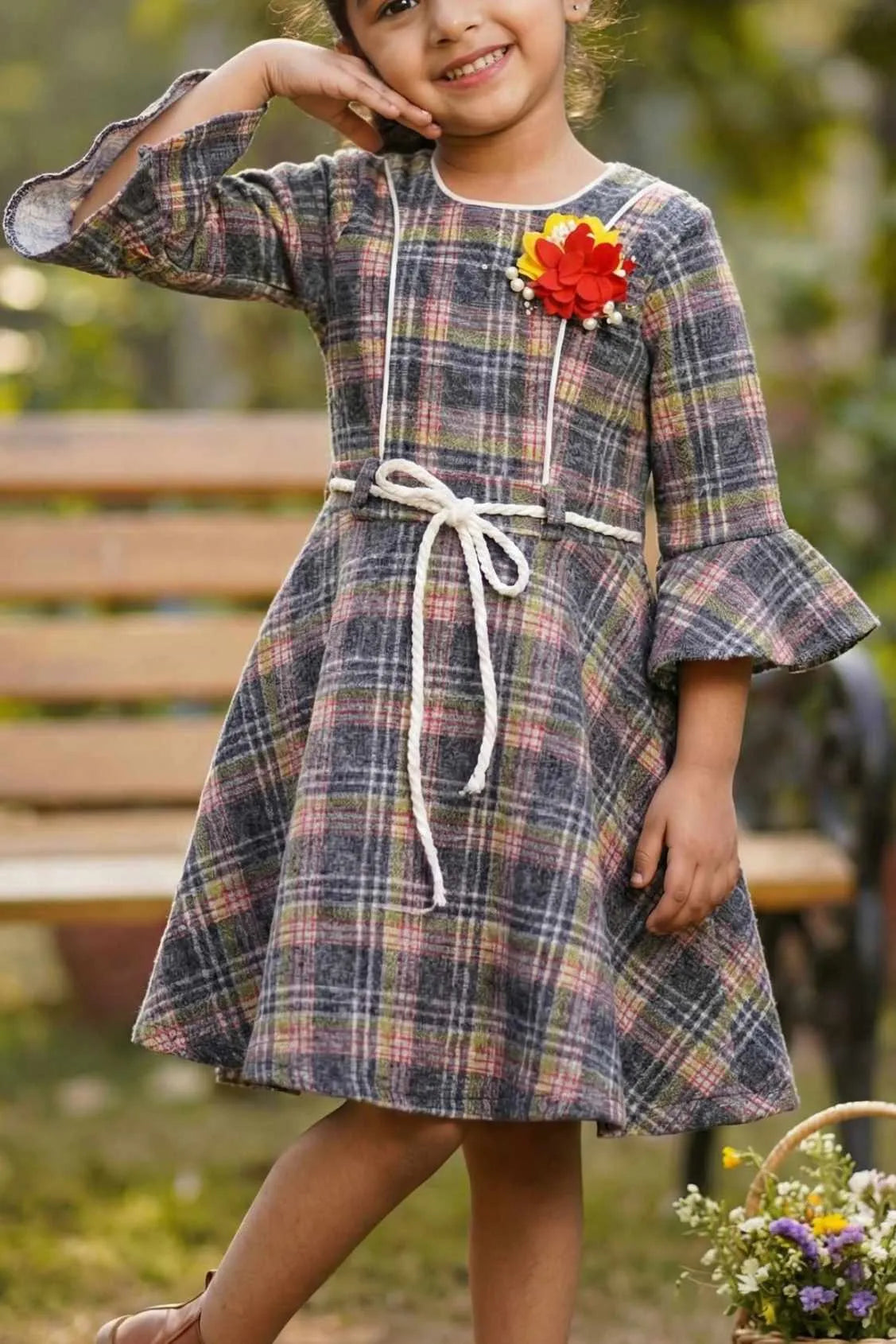 Grey Checkered Frock For Girls