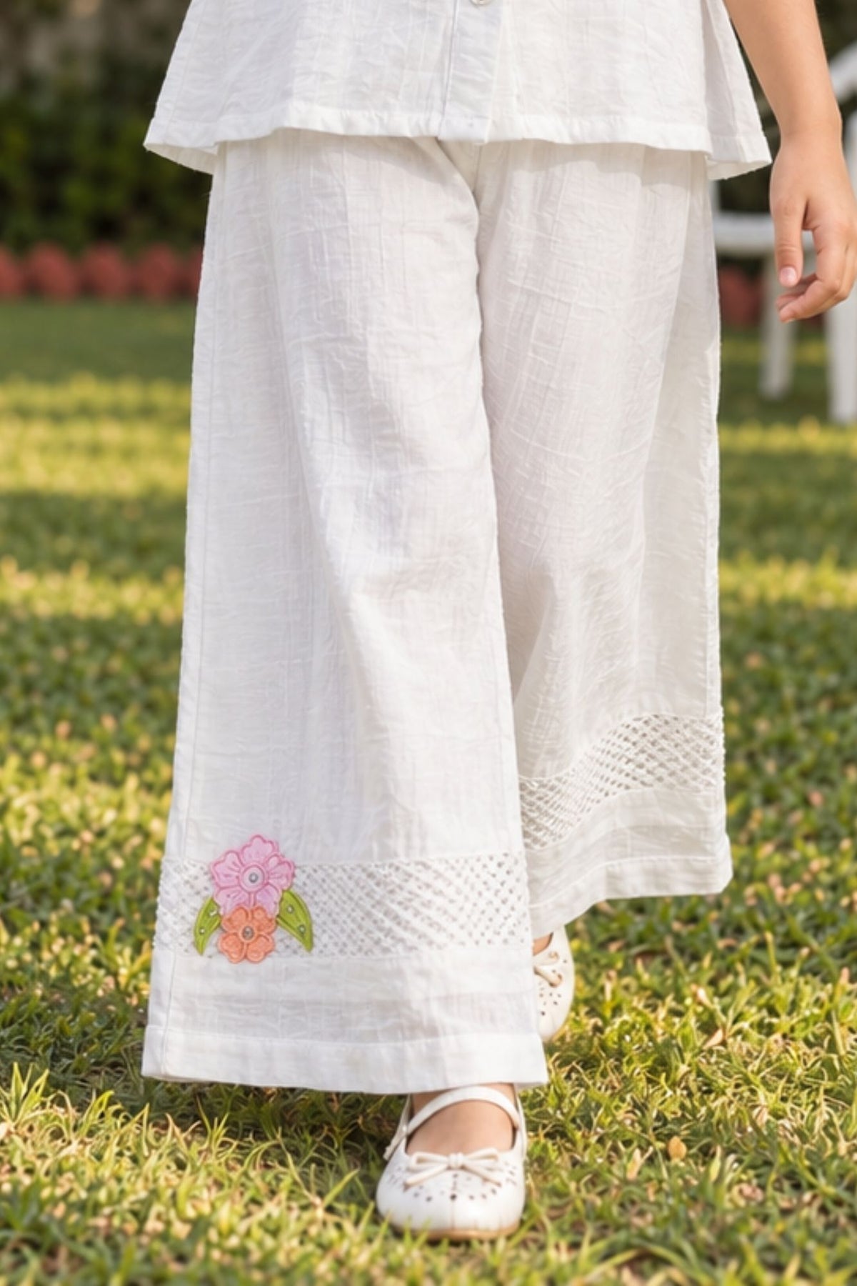Girls White With Multicolour Floral Embroidered Co-Ord Set