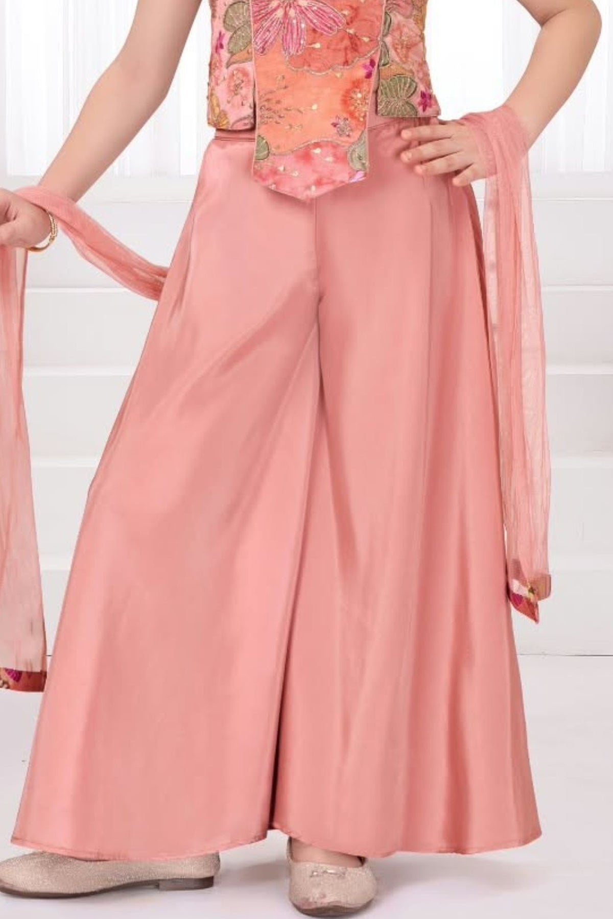 Girls Peach Floral Sequin Embellished Palazzo Set
