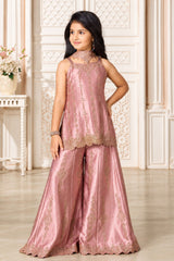 Girls Elegant Dusty Rose With Gold Decorative Vertical Motif Embroidered Palazzo Set