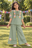 Girls Mint Green With Multicolour Floral Embroidered Co-Ord Set