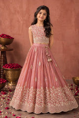 Girls Dusty Pink Floral Embroidered Lehenga Choli With Dupatta
