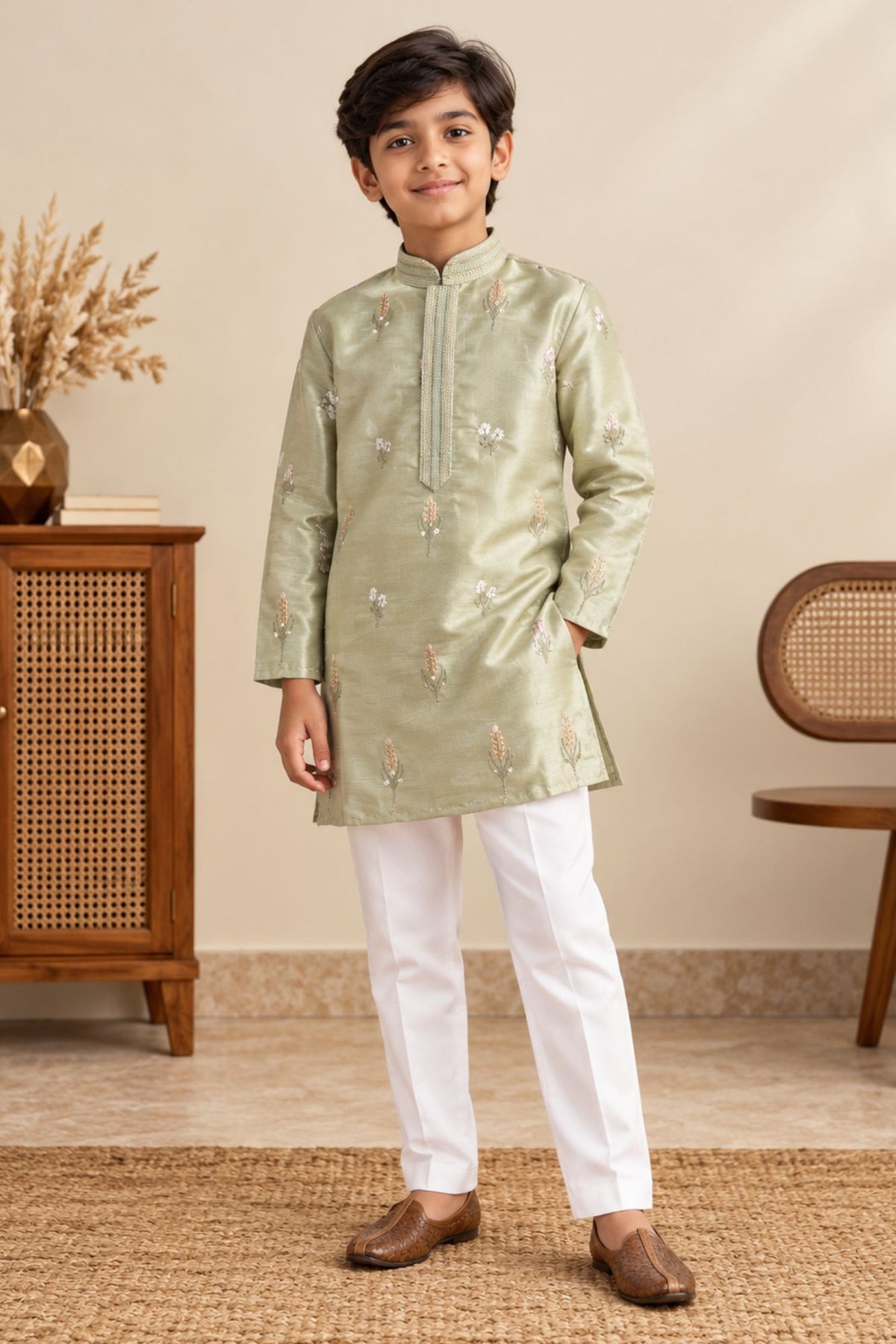 Boys Pista Green Chanderi Silk Embroidered Kurta Pant Set