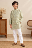 Boys Pista Green Chanderi Silk Embroidered Kurta Pant Set