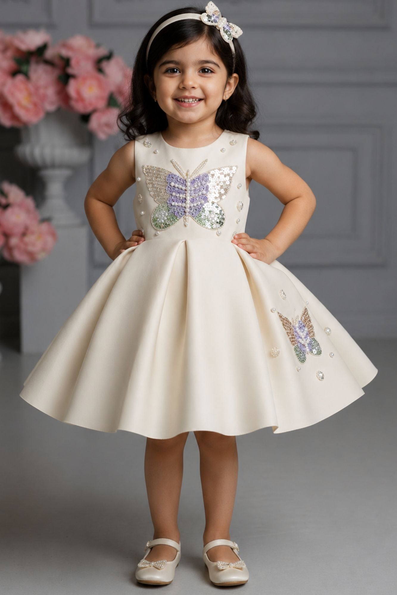 Girls Cream Butterfly Embellished Party Wear Frock