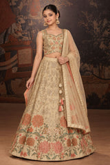 Cream Floral Embroidered Lehenga Choli Set with Dupatta For Girls