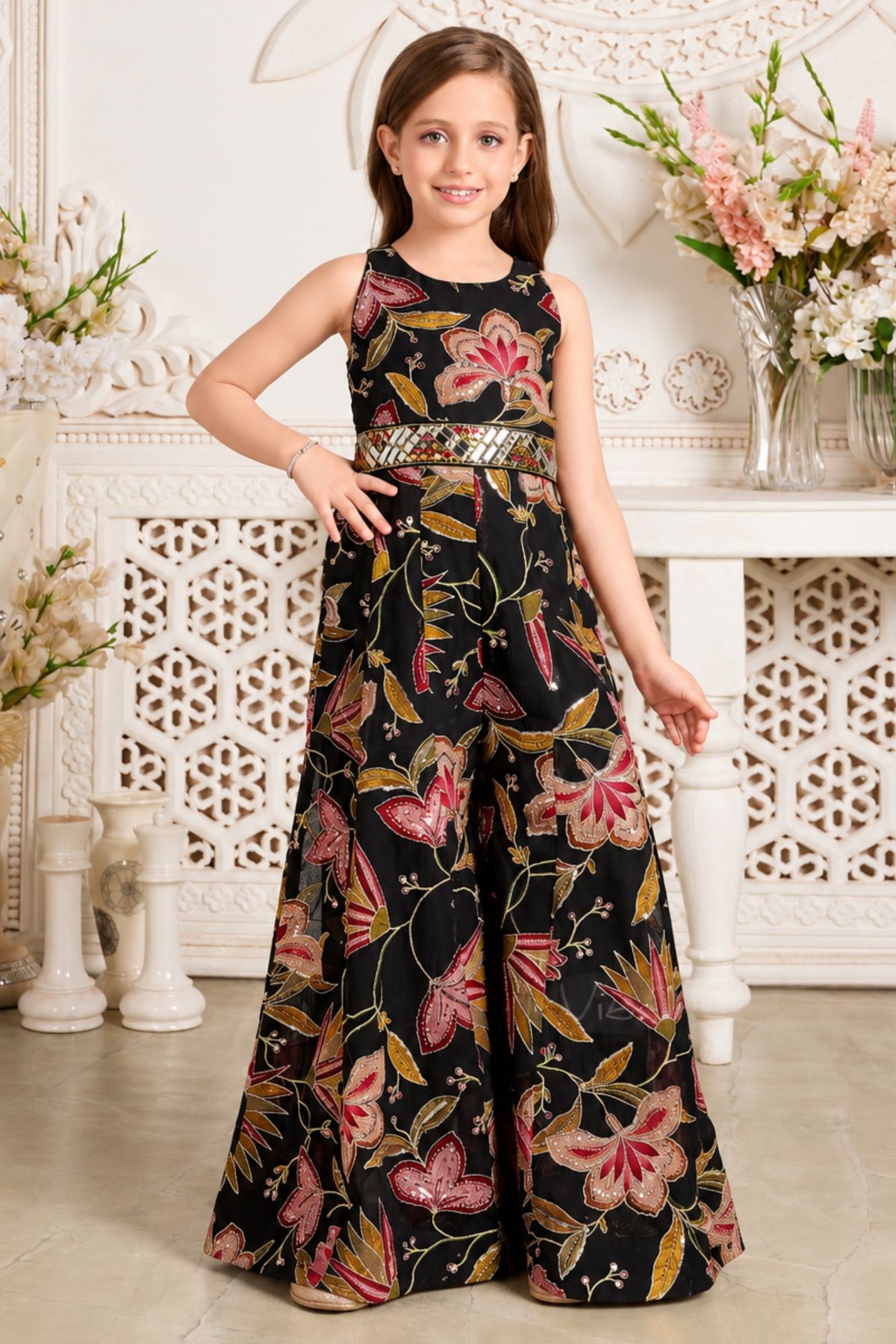 Girls Elegant Black Multicolor Printed Floral Embroidered Jump Suit