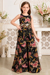 Girls Elegant Black Multicolor Printed Floral Embroidered Jump Suit
