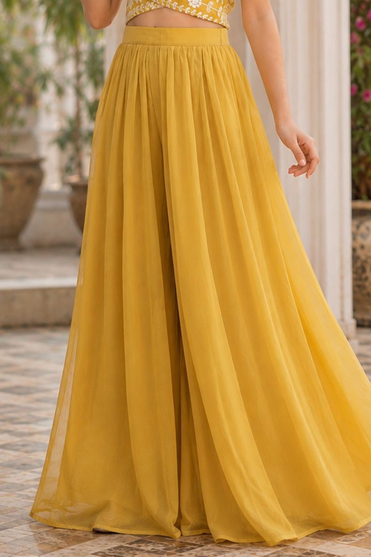 Girls Mustard Yellow Embroidered Crop Top With Flared Palazzo Set