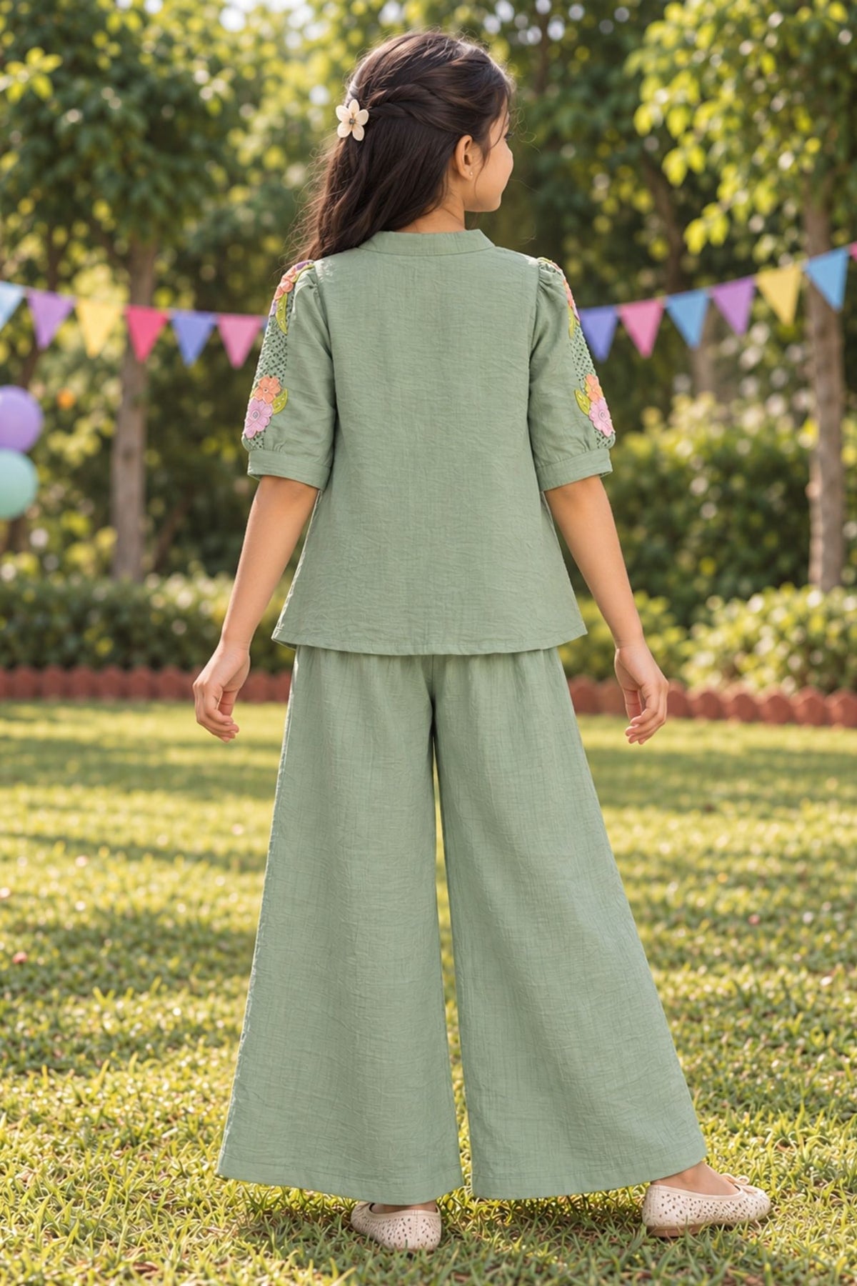 Girls Mint Green With Multicolour Floral Embroidered Co-Ord Set
