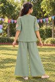 Girls Mint Green With Multicolour Floral Embroidered Co-Ord Set