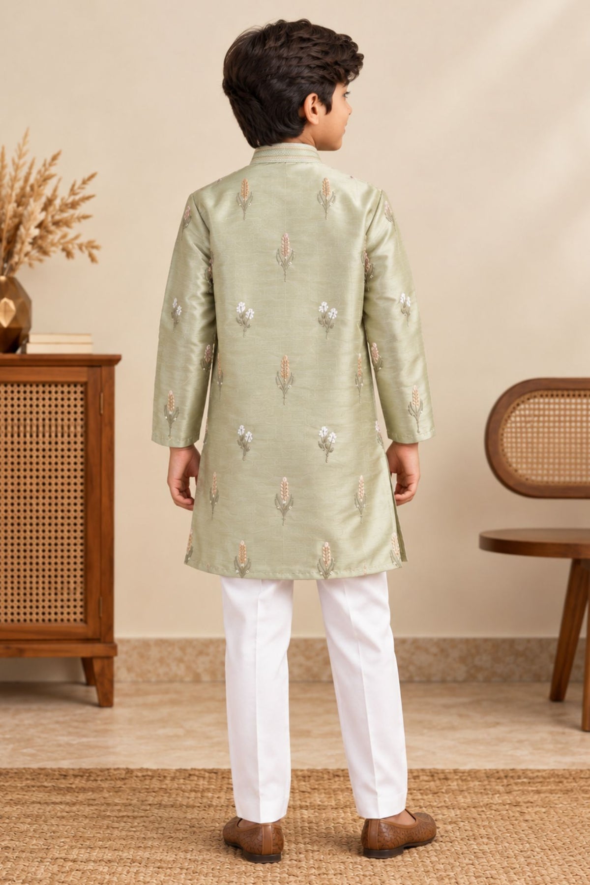 Boys Pista Green Chanderi Silk Embroidered Kurta Pant Set