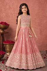 Girls Dusty Pink Floral Embroidered Lehenga Choli With Dupatta