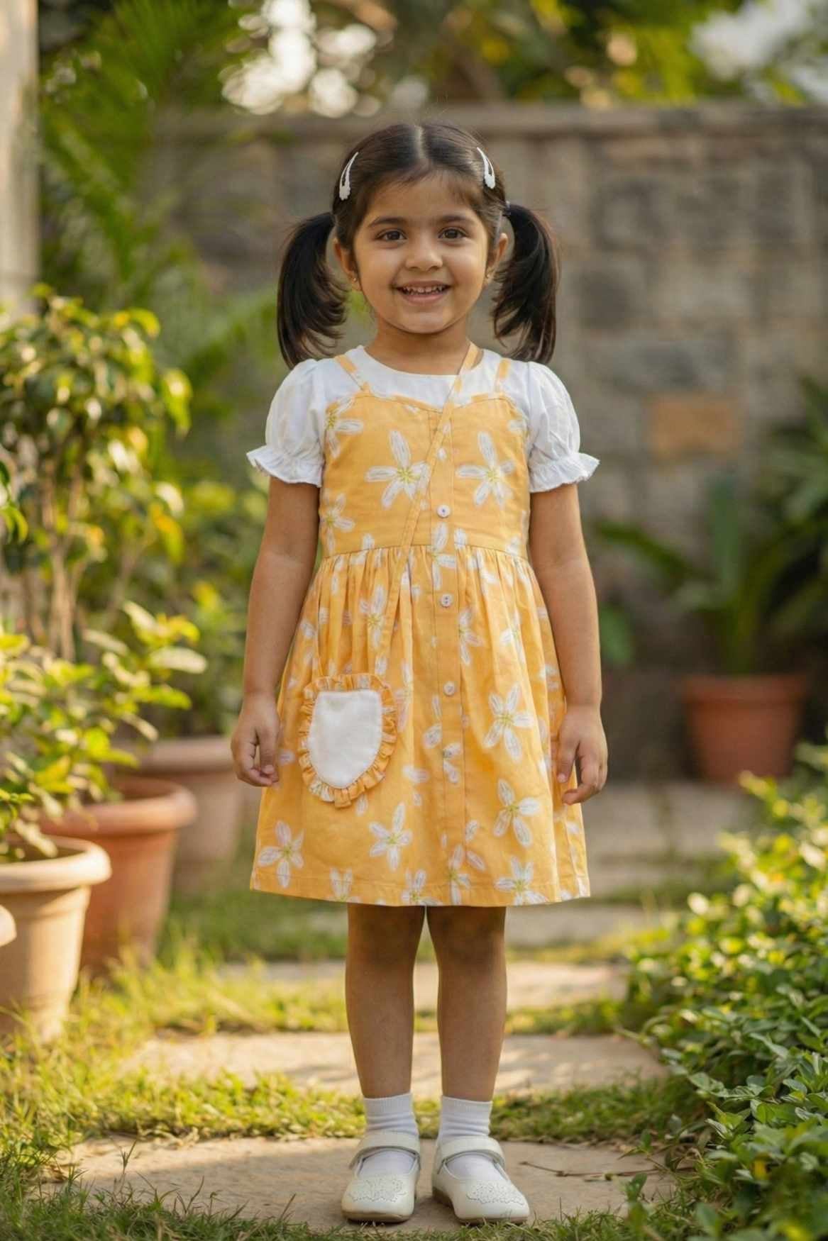 Yellow Floral Printed Dress And Matching Sling Bag For Girls