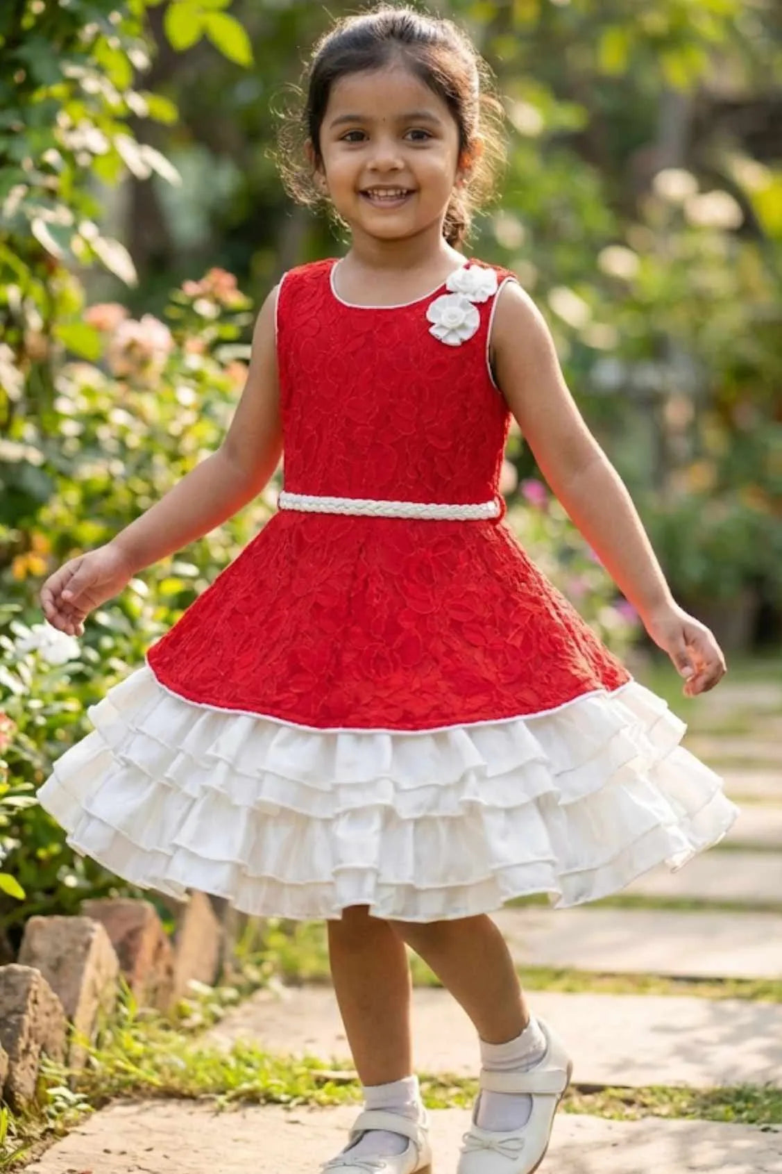 Red And White Layered Frock For Girls