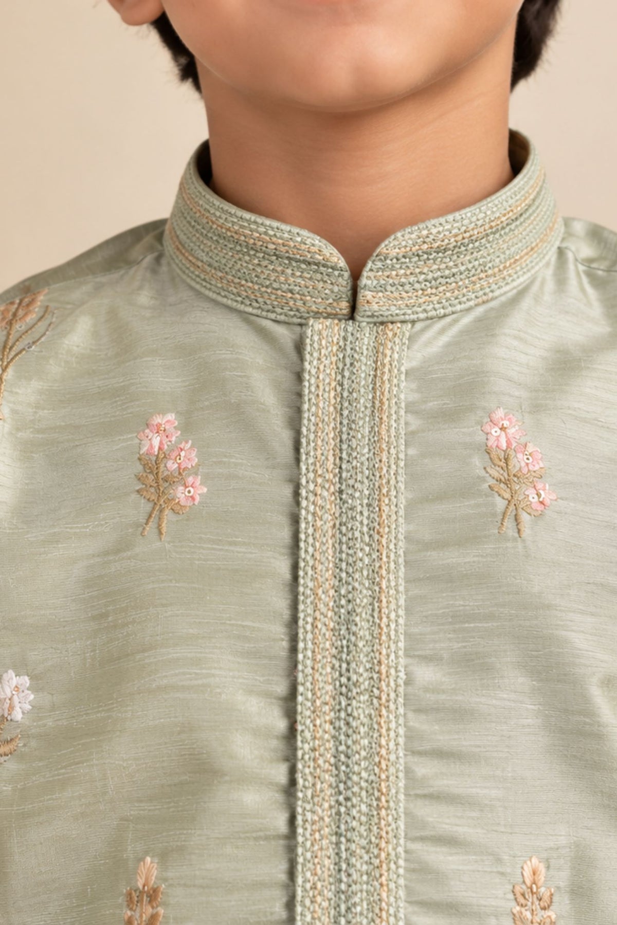 Boys Pista Green Chanderi Silk Embroidered Kurta Pant Set