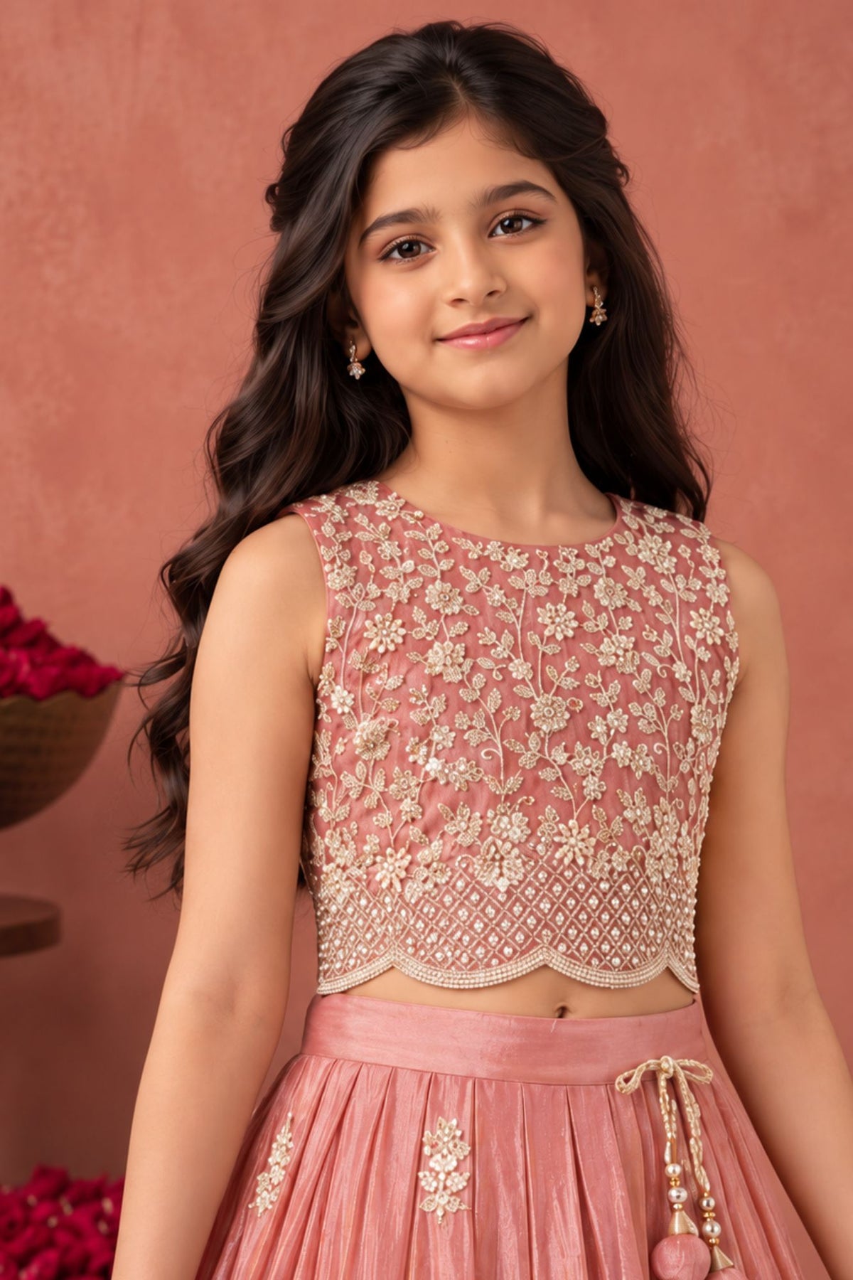 Girls Dusty Pink Floral Embroidered Lehenga Choli With Dupatta