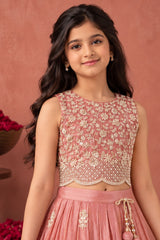 Girls Dusty Pink Floral Embroidered Lehenga Choli With Dupatta