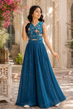 Girls Teal Blue Floral Embroidered Crop Top with Flared Palazzo Set