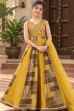 Yellow Sequins Work And Zari Embroidered Gown With Floral Printed For Girls