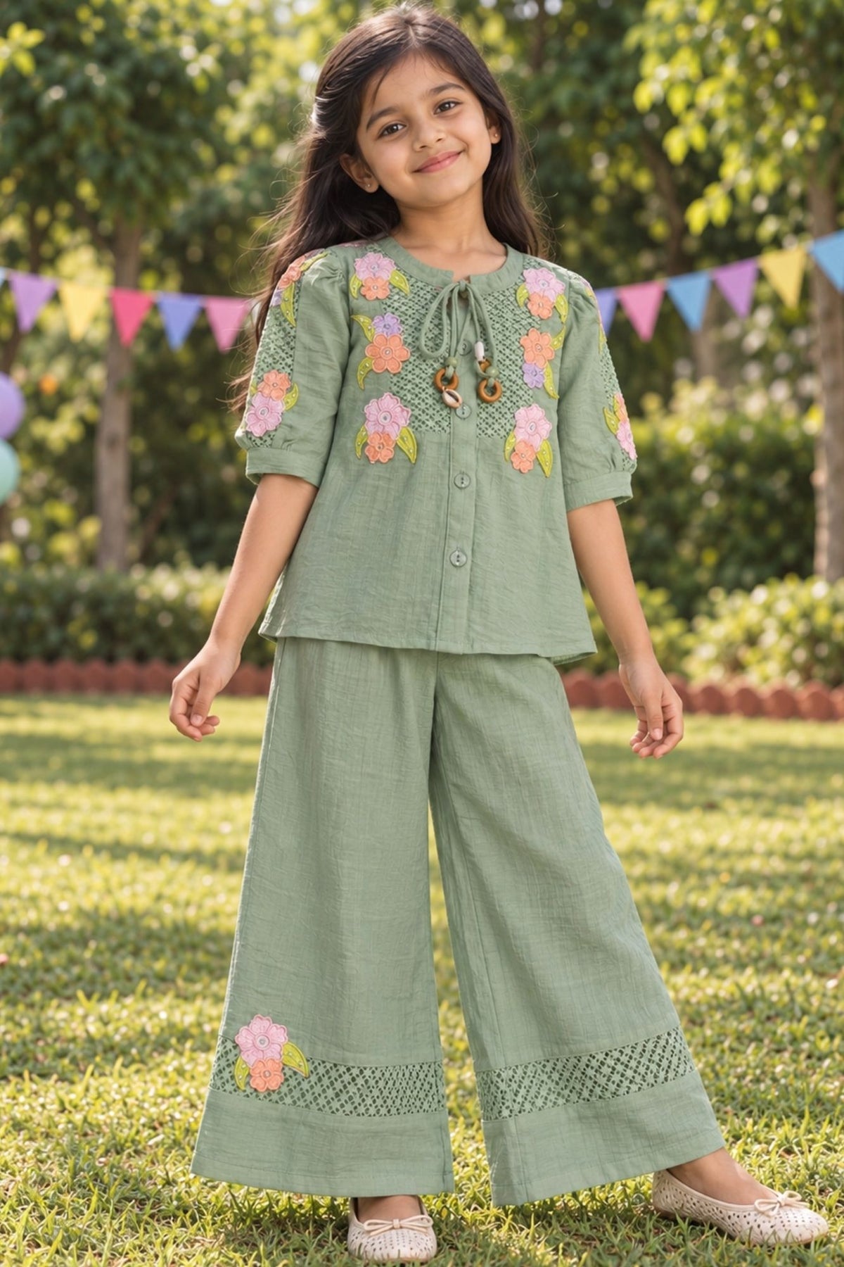 Girls Mint Green With Multicolour Floral Embroidered Co-Ord Set