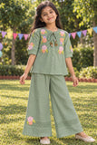 Girls Mint Green With Multicolour Floral Embroidered Co-Ord Set
