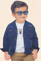 Blue Denim Shirt And Brown Pant With T Shirt Set For Boys