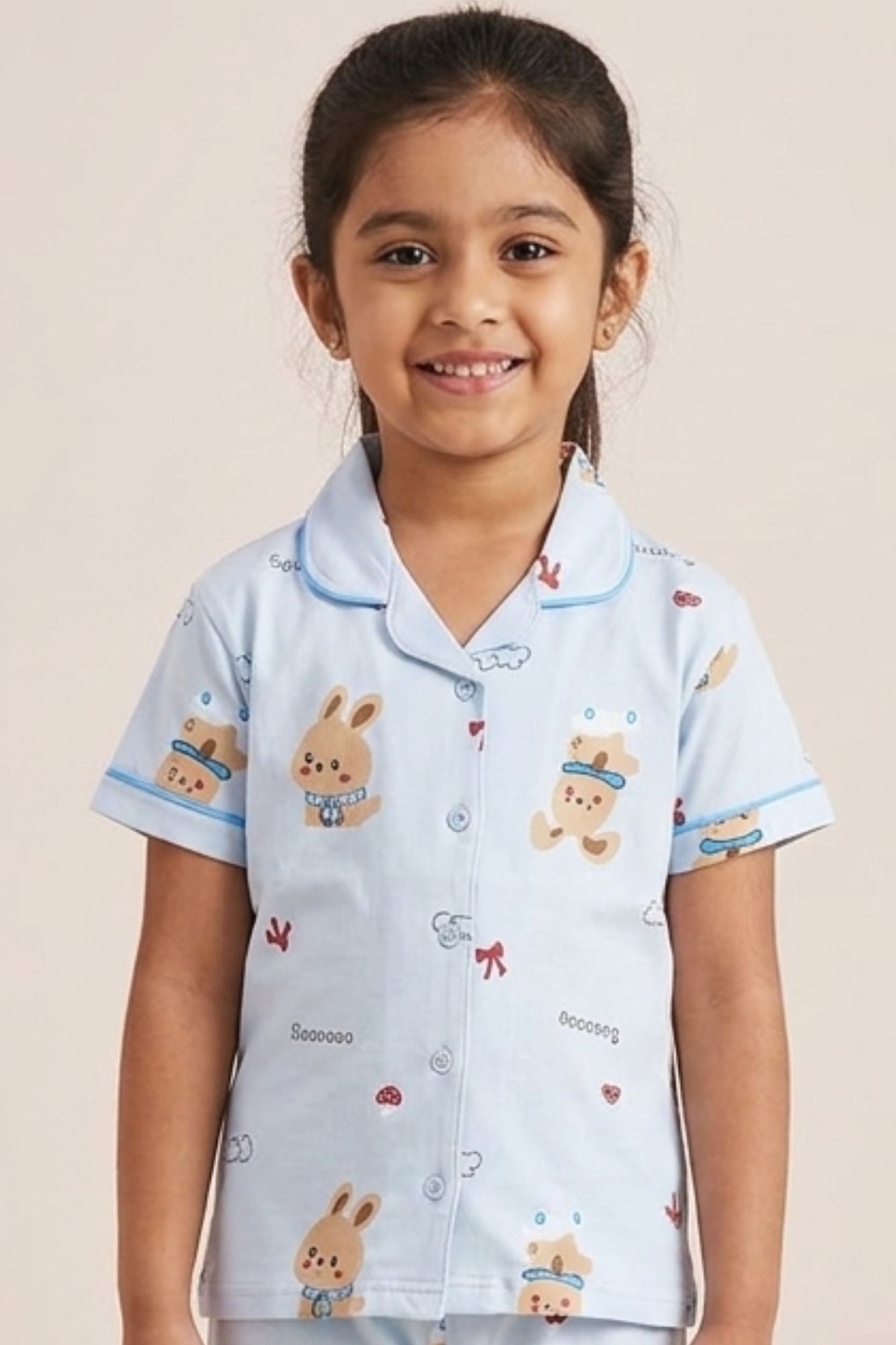 Girls Sky Blue Bunny Print Night Suit Set