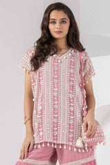 Pink Embroidered And Mirror Work Top With Sharara Set For Girls