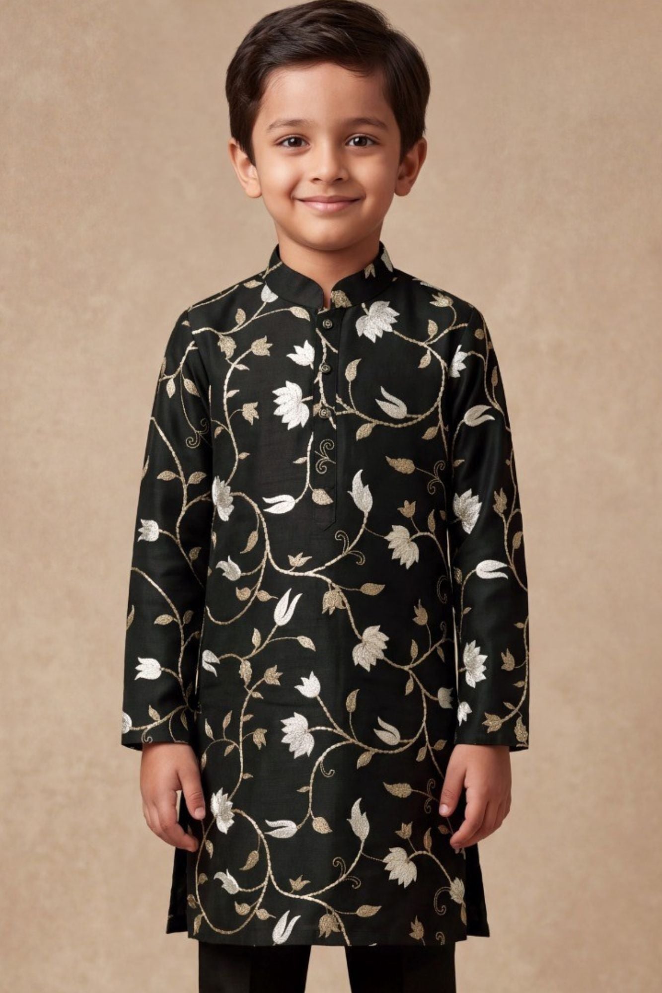 Boys Black Kurta Pajama Set with Floral Gota Patti And Sequin Work
