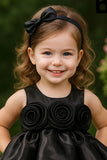 Black Floral Appliqué Tiered Frock For Girls