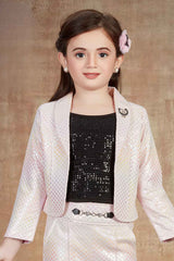 Stylish Peach  Sequins Work Set With Blazer For Girls