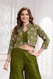 Olive Green Embroidered Palazzo Set with Crop Top & Jacket For Girls