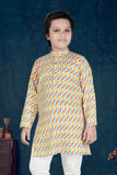 Golden Asymmetric Printed Kurta And White Bottom Set For Boys