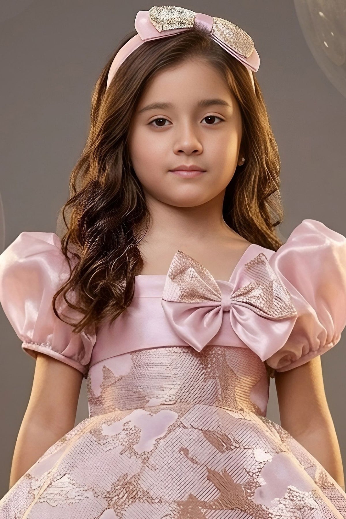 Girls Blush Pink Organza Brocade Party Wear Frock with Bow Detailing