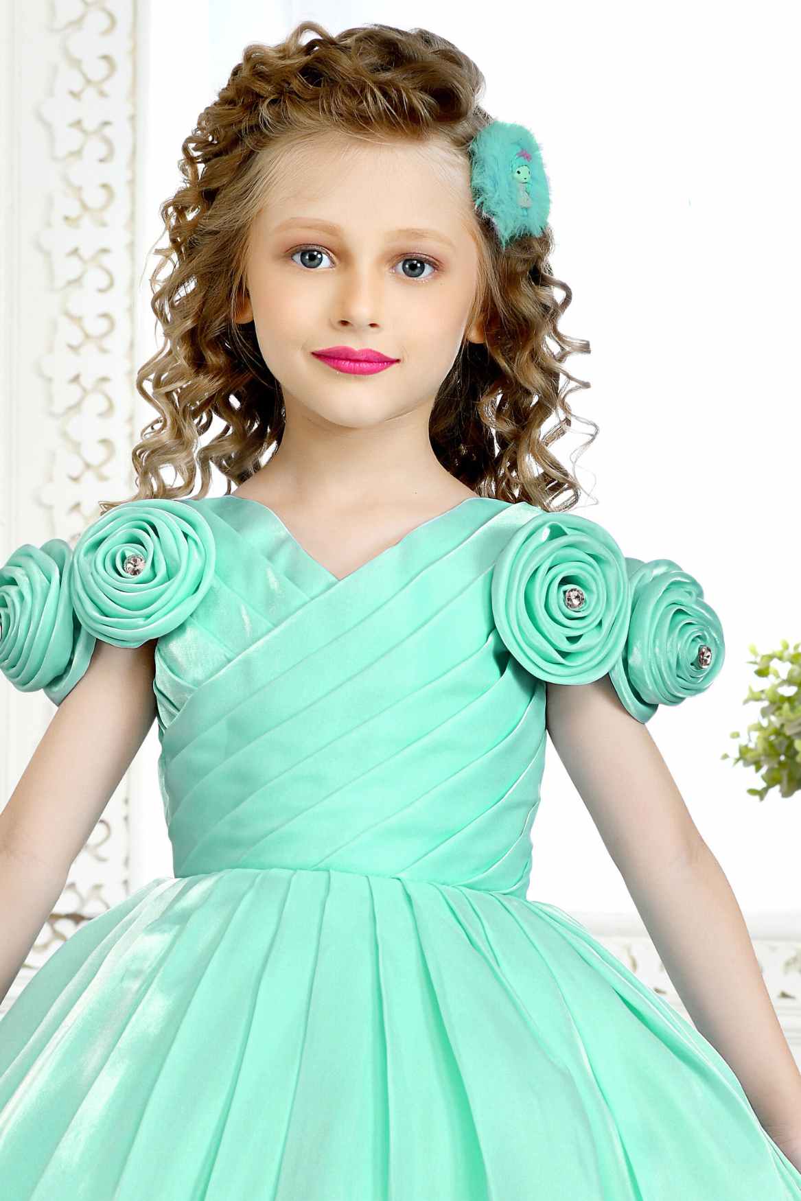 Green Partywear Frock Embellished With Flowers For Girls