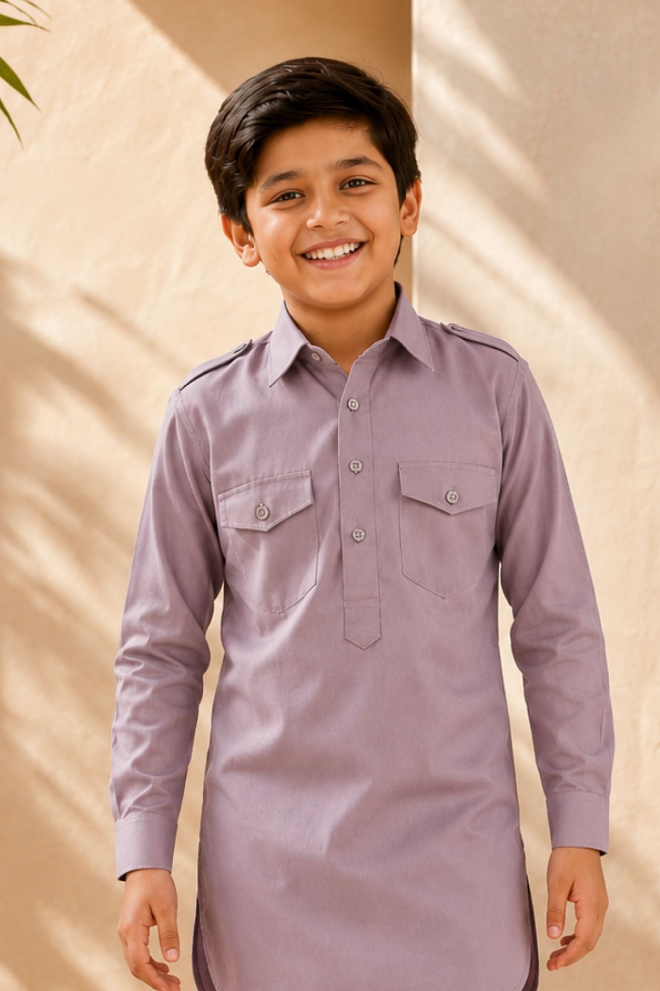 Mauve Pathani Set With Shirt Collar Design For Boys