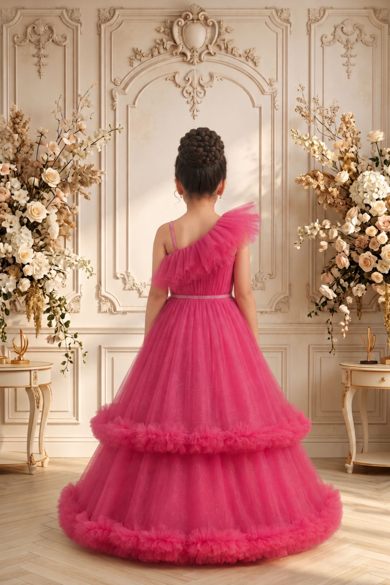 Rani Pink One-Shoulder Net Party Gown with Layered Ruffle Hem For Girls