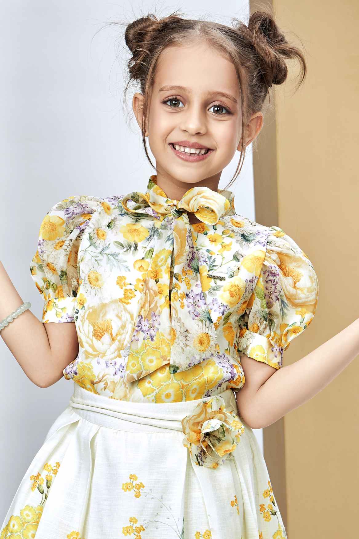 Yellow Floral Top & White Pleated Skirt Set For Girls
